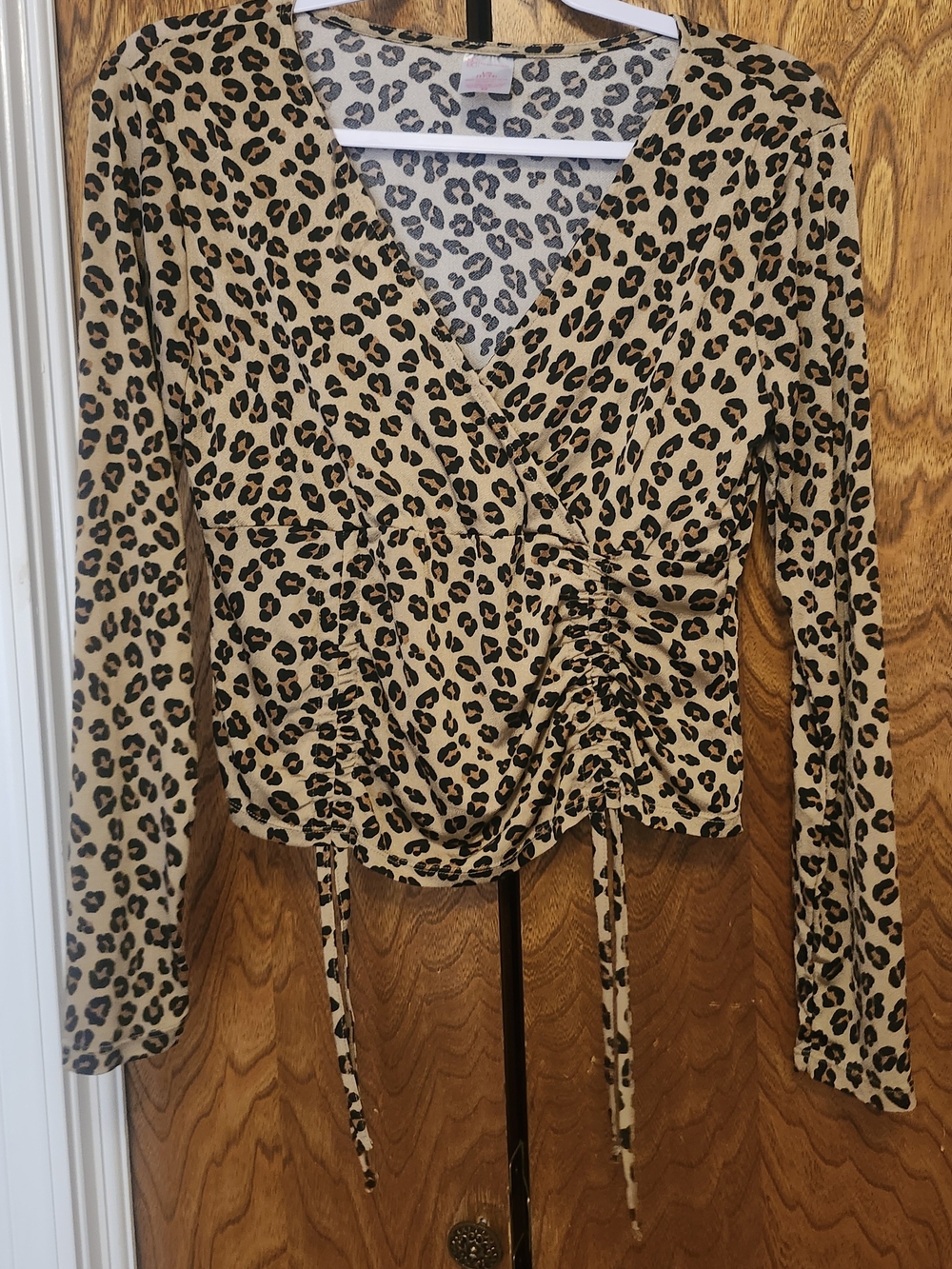 No Boundaries Beige and Black Leopard Ruched Wrap Long Sleeve Top